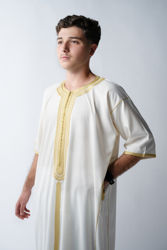 White & Gold Slim Fit Moroccan Gandoura