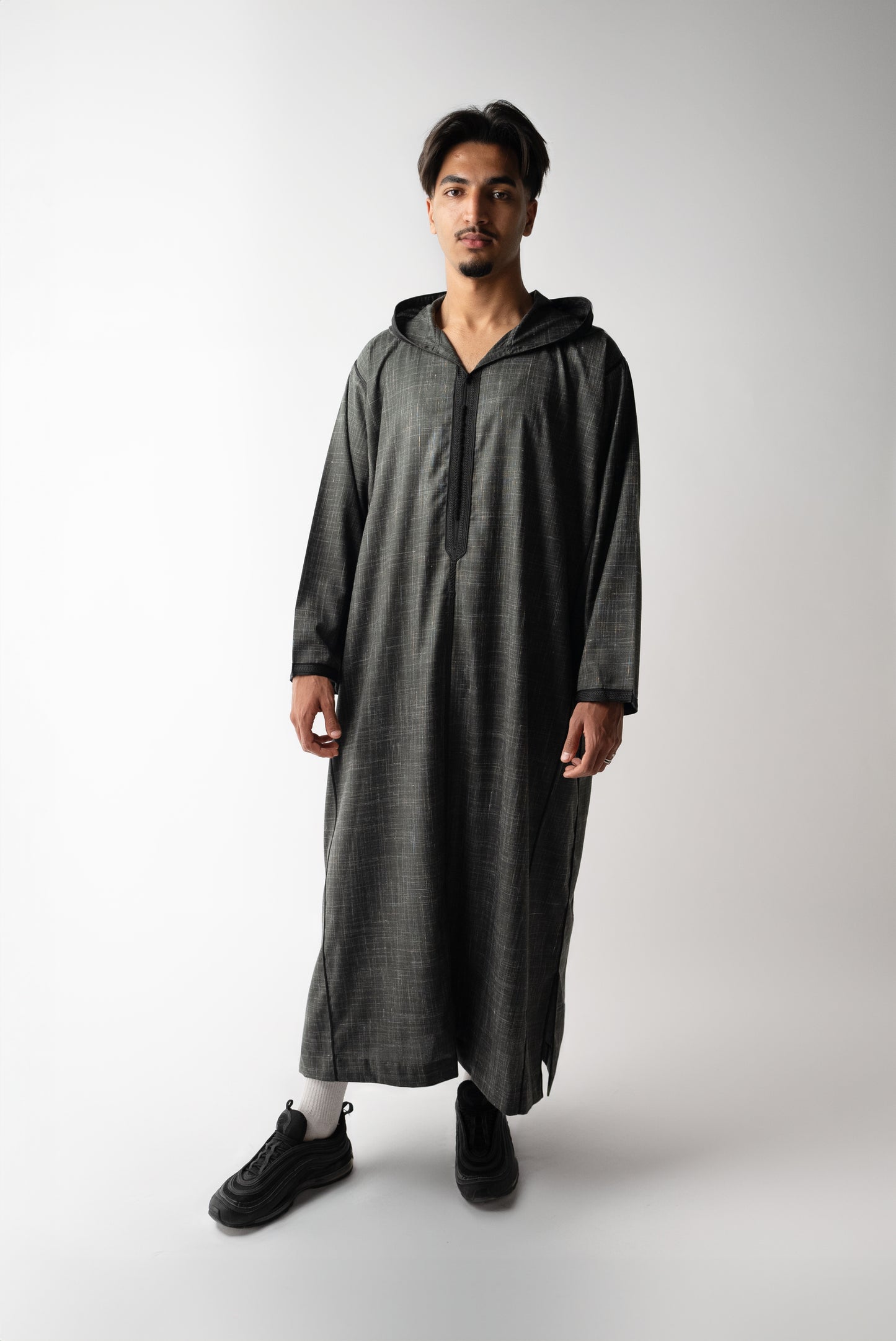 Charcoal Grey & Black Hooded Linen Jilaba