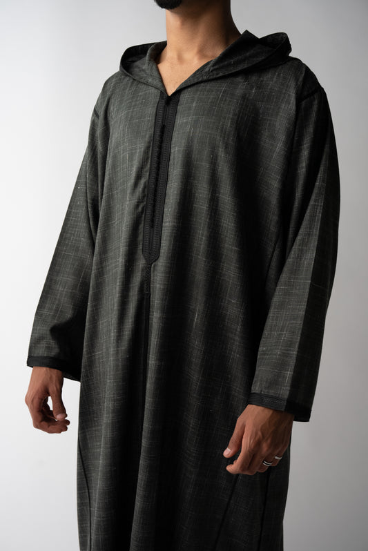 Charcoal Grey & Black Hooded Linen Jilaba