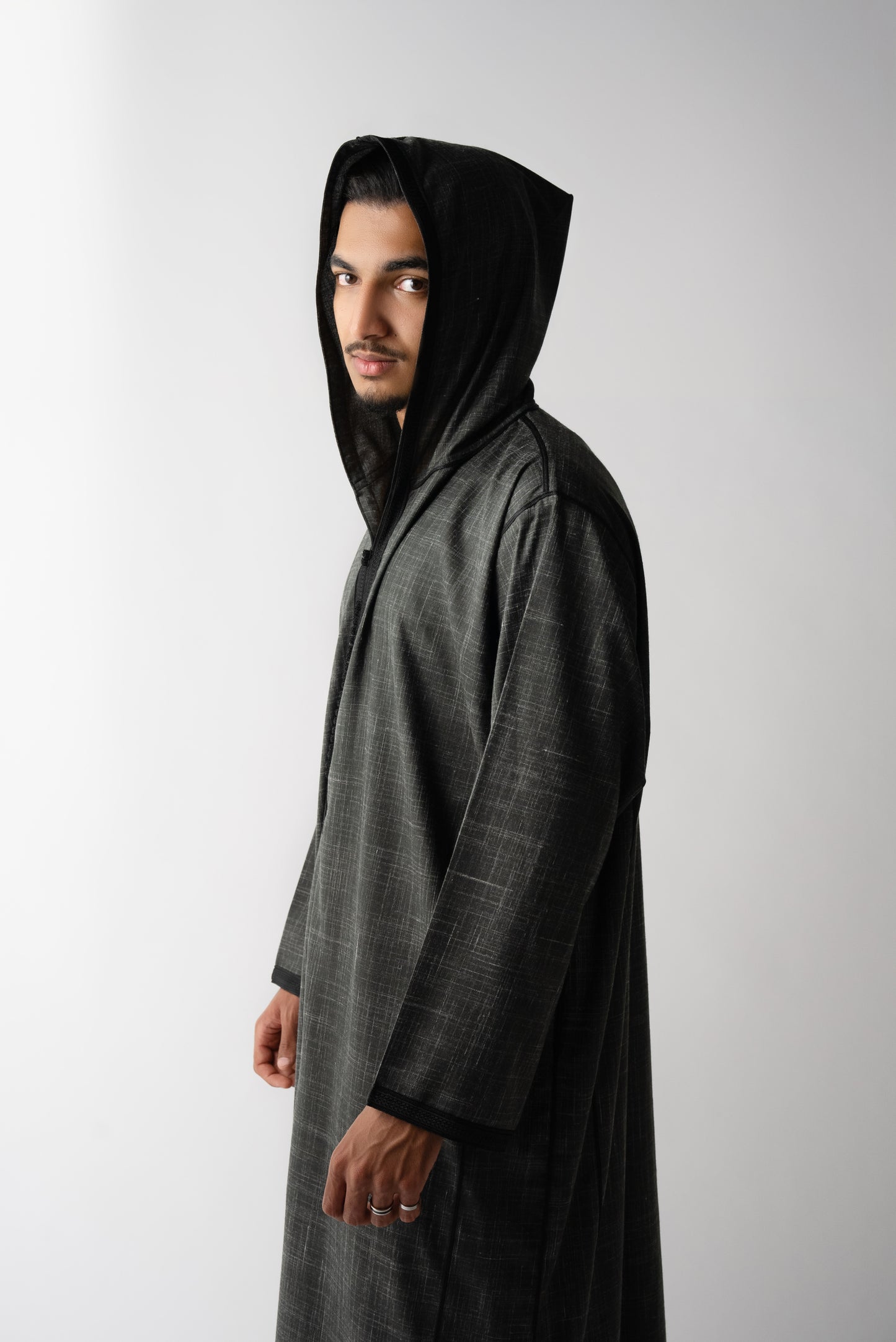 Charcoal Grey & Black Hooded Linen Jilaba