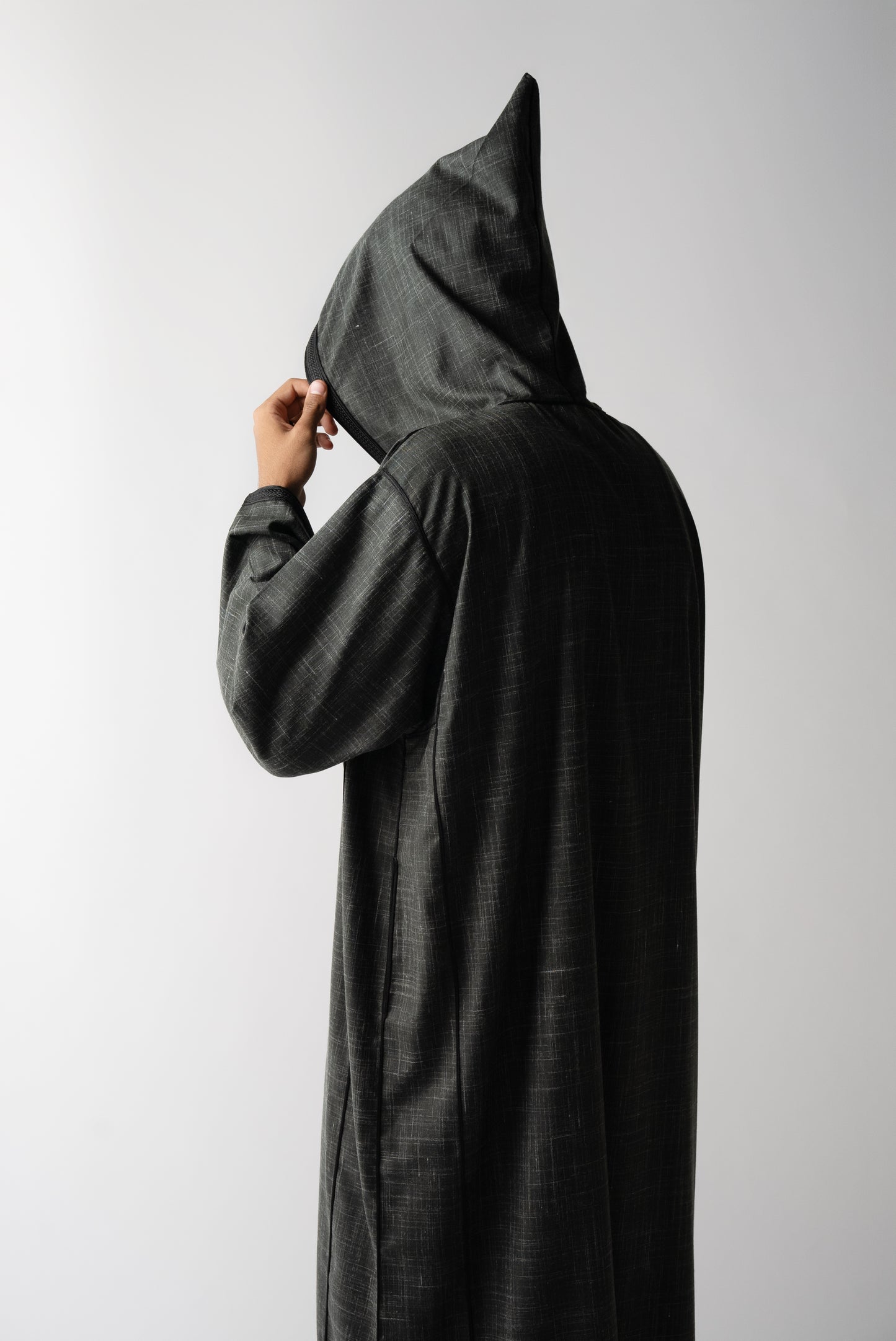 Charcoal Grey & Black Hooded Linen Jilaba